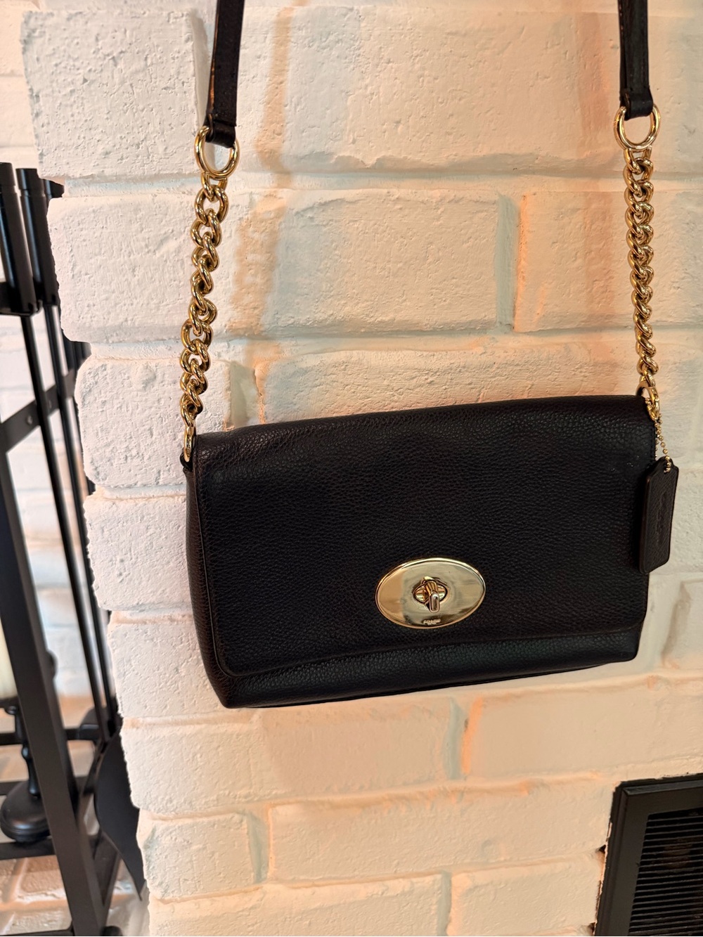 Coach Navy Blue Pebbled Leather Crossbody with Gold Turn-Lock